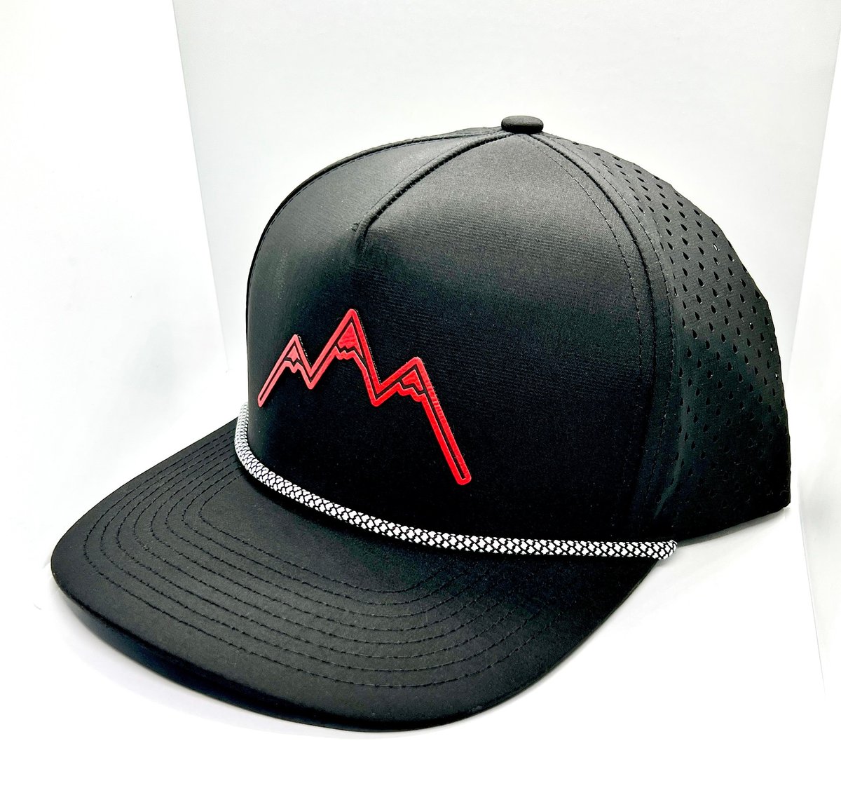 Black snapback cap with red neon mountain design and rhinestone trim band