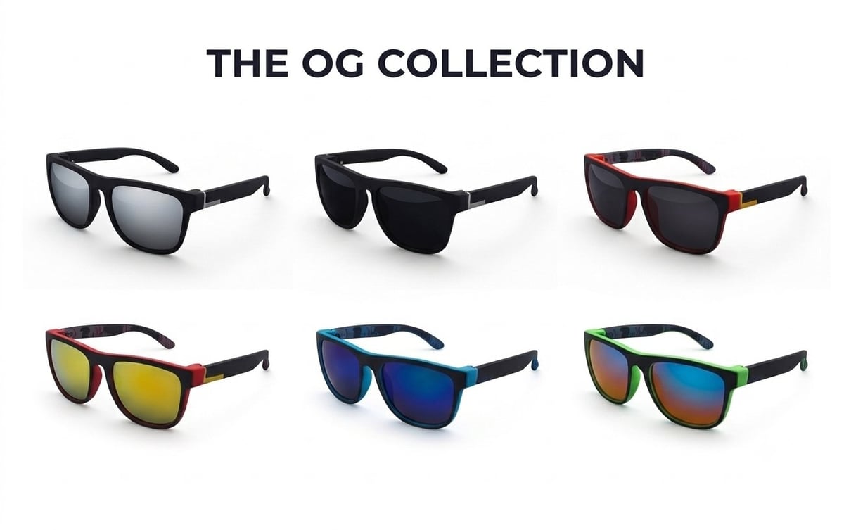 Six different styles of sunglasses from The OG Collection by TLA Promotions featuring various frame colors and lens tints